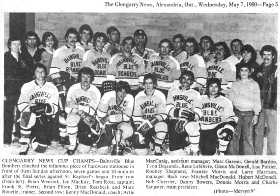 bainsville blue bomers hockey team 1980